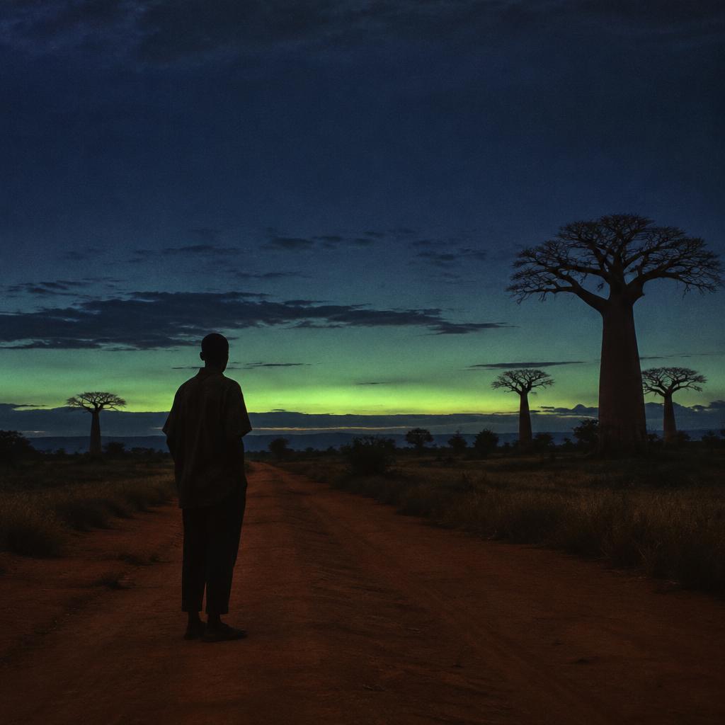 A searcher looking toward the horizon in West Africa at dusk